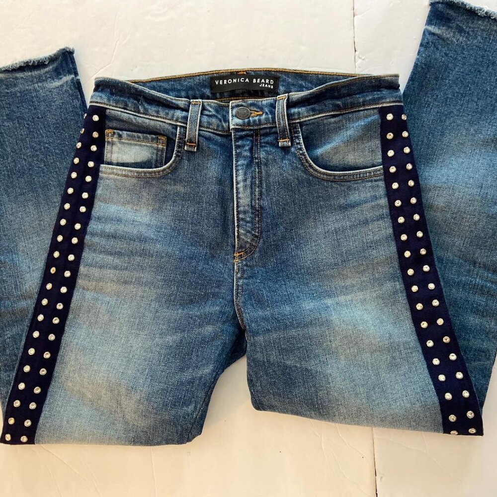 Veronica Beard Ines Girlfriend Rhinestone Jeans with Raw Hem, Size 26